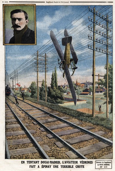 A csábító Douai Madridban Jules Vedrines (1881-1919) pilóta borzalmasan bukott Epinayt. Metszet a Le Petit Journalban”, 1912.05.12 alkotó: Anonymous Anonymous