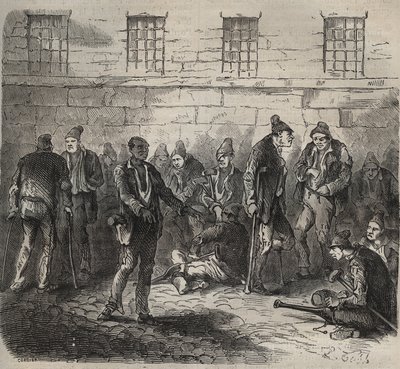 Gyenge erők a Toulon Bagne-nál a 19. században. Pierre Zaccone (1817-1895) (Colonia Penale - Büntetőtelep) metszet az „Elítéltek története a megalkotásuktól napjainkig” című könyvébe (1877). Magángyűjtemény. alkotó: Anonymous Anonymous