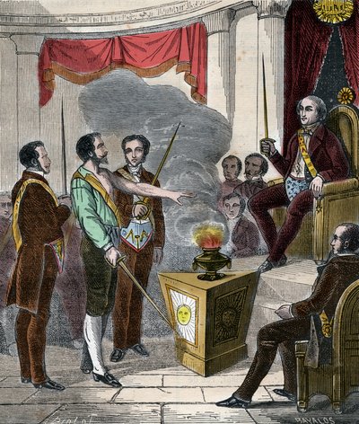 Francia Manson beavatása a testvériségbe – Franc-Macon fogadása (Ceremony) – Metszet 1879-ből Pierre Zaccone (1817-1895) „Histoire des Societes Secretes, Politiques et Religions” c. alkotó: Anonymous Anonymous