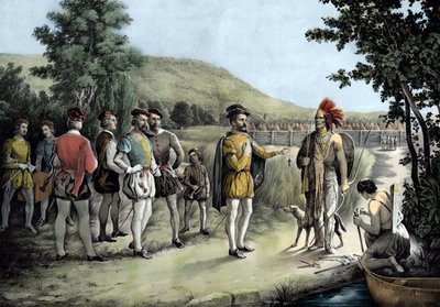 Jacques Cartier, első interjúja az indiánokkal Hochelagában, most Montrealban 1535-ben (litho alkotó: Anonymous Anonymous
