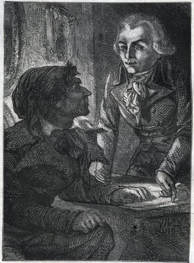 Jean-Paul (Jean Paul) Marat (1743-1793) Robespierre (1758-1794) Maximiliannal. Metszet 1866-ból Adolphe Thiers „Histoire de la Revolution francaise” c. Magángyűjtemény. alkotó: Anonymous Anonymous