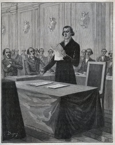 Jean Baptiste (Jean-Baptiste) Andre Dumas (1800-1884) francia kémikus bemutatta a Tudományos Akadémiának Ruolz és Elkington találmányáról szóló jelentését. Metszet 1885-ből Adolphe BITARD „” Les arts et metiers illustres” című könyvébe. alkotó: Anonymous Anonymous