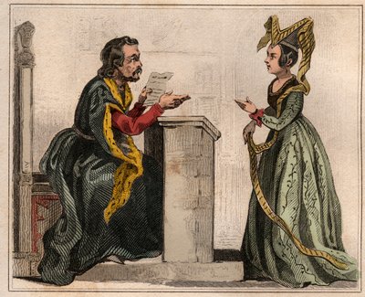 Jehan Pastoret (1328-1405), a párizsi parlament elnöke V. Károly uralkodása alatt egy nemes asszonnyal, liripiont viselő. Metszet 1859-ből a „” Le Monde-ban. Minden nép története a legtávolabbi időktől napjainkig”. írta: M. E. de Lostal alkotó: Anonymous Anonymous