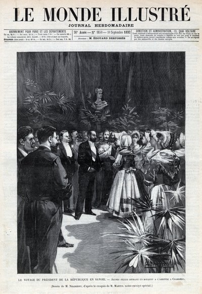 Sadi Carnot (1837-1894) utazása Savoyába: a köztársasági elnököt a Chamberyben fiatal lányok fogadják, virágcsokorral kínálva neki. Egy újság. Metszet az 1892-es „Le monde illustree”-ben. Magángyűjtemény. alkotó: Anonymous Anonymous