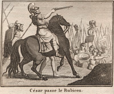 Julius Caesar (Kr. e. 100-44) átkelés a Rubiconon – Jules Cesar „Le Passage du Rubicon”” Jules Cesar római hadvezér i.e. 11/01/49-én kelt át a Rubiconon, ami a Cisalpine Gallia és Olaszország közötti elválasztást jelenti – metszet "" The Rollin of Yo alkotó: Anonymous Anonymous