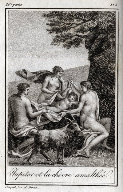Jupiter gyermek, akit Amalthee kecske táplál. Metszet 1819-ből Charles Albert Demoustier (1760-1801) „Lettres a Emilie sur la mythologie” című művében. Magángyűjtemény. alkotó: Anonymous Anonymous