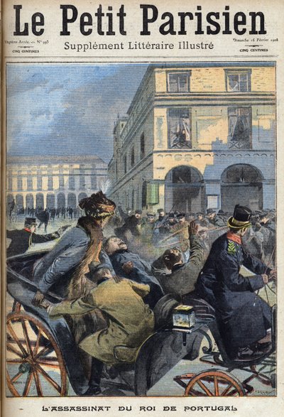 I. Károly portugál királyt (1863-1908) és Luis Filipe trónörököst a republikánusok 1908. február 1-jén meggyilkolták Lisszabonban. A „Le petit parisien” című újság egyike 1908. február 16-án. Magángyűjtemény. alkotó: Anonymous Anonymous
