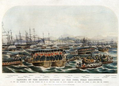A brit hadosztály partraszállása az Old Fortban, Szevasztopol közelében - Anonymous - 1854 - Színes litográfia - 29,8x42 - Magángyűjtemény alkotó: Anonymous Anonymous