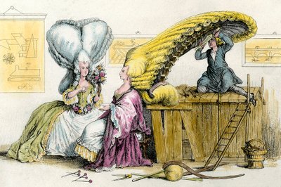 Nagy, különc frizurák: fiatal nemesi nők parókával. Metszet 1788-as magángyűjteményből alkotó: Anonymous Anonymous