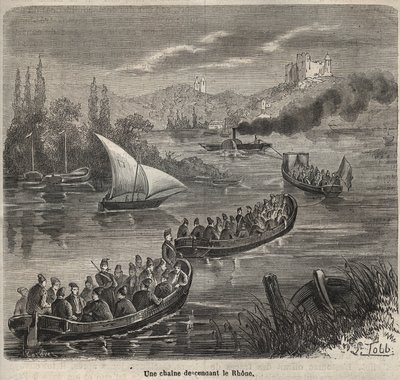 A touloni börtön – a Rhone-on alászálló lánc – Pierre Zaccone (1817-1895) „A börtönök története a létrehozásuktól napjainkig” (1877) metszete (Colonia Penale – Büntetés-végrehajtási telep) alkotó: Anonymous Anonymous