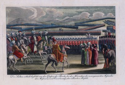 ""III. Szelim oszmán szultán (1761-1808) áttekinti új gyalogságát"" Névtelen metszet 1806 Magángyűjtemény alkotó: Anonymous Anonymous