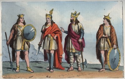 Les Merovingiens - Meroving-dinasztia - Pharamond vagy Faramund (- Chlodio (Clodius, Clodion, Cloio vagy Chlogio) (Clodion le Chevelu) (kb. 390 - kb. 450) - Merovech (Merovee vagy Merowig, kb. 412-457) és Clovis (kb. 466-511 ”- metszet az „Usi e Costumi di alkotó: Anonymous Anonymous