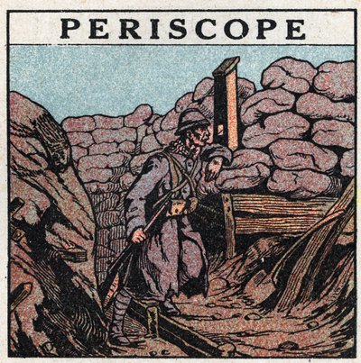 Fényreflexió: periszkóp, amelyet az első világháborúban (1914-1918) használt egy Hairy egy árokban. Névtelen illusztráció 1925-ből. Magángyűjtemény. alkotó: Anonymous Anonymous
