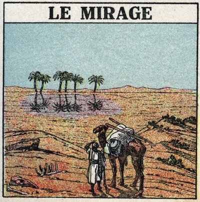 Fénytörés: délibáb. A légköri fénytörés egy sivatagban megjelenő oázis illúzióját kelti. Névtelen illusztráció 1925-ből. Magángyűjtemény. alkotó: Anonymous Anonymous