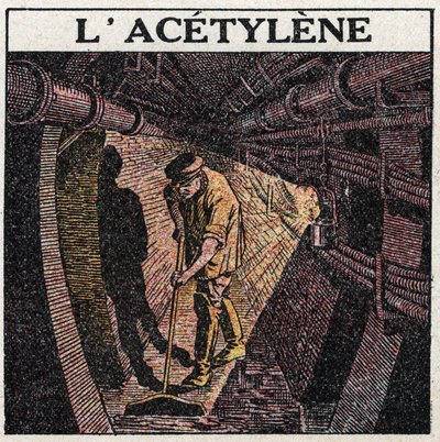 Fényforrások: a dobokban használt acetilén megvilágítása. Névtelen illusztráció 1925-ből. Magángyűjtemény. alkotó: Anonymous Anonymous