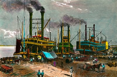 Gyapot betöltése gőzhajókra Mississippin New Orleansba (New Orleans). századi metszet. Magángyűjtemény alkotó: Anonymous Anonymous