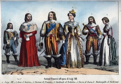 XIII. Lajos - Ausztriai Anna (1601-1666) (Ausztriai Anna) - Francia Gaston (Gaston, Orléans hercege) - Armand Jean du Plessis, de Richelieu bíboros - Henri II de Guise (II. Henrik, Guise hercege) - Anne-Marie Budes de Guebriant - metszet a „” Usi e alkotó: Anonymous Anonymous
