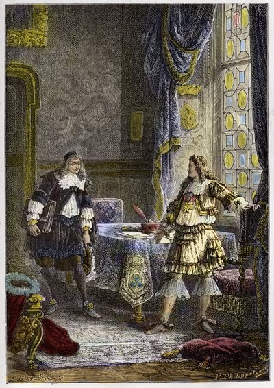 XIV. Lajos elbocsátja Nicolas Fouquet-t – XIV. Lajos felmenti Nicolas Fouquet pénzügyfelügyelőt – metszet a „L’histoire de France tellee a mes grandenfants” című könyvéből – Francois Guizot – 1872-1876 alkotó: Anonymous Anonymous