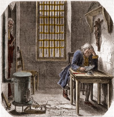 XVI. Lajos (1754-93) Utolsó végrendelete és testamentuma felolvasása a templomban 1792 - XVI. Lajos végrendeletét olvasta fel a templom tornyában 1792. december 25-én - Alphonse de Lamartine (1790-1869) metszet a „Histoire des Girondins”-ba 1865-1866 - Mag alkotó: Anonymous Anonymous