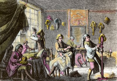 XV. Lajos divat: egy parókás fodrász belsejének képe. Metszet 1755 körül. Magángyűjtemény alkotó: Anonymous Anonymous