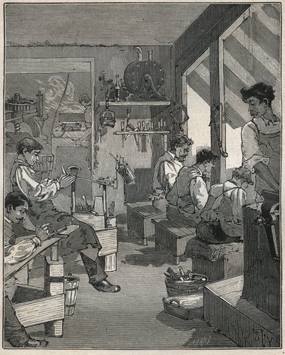 Fésűk gyártása egy franciaországi műhelyben a XIX. Metszet 1885-ből Adolphe BITARD „Les arts et metiers illustres” című könyvében. alkotó: Anonymous Anonymous