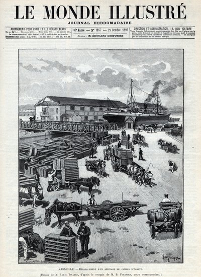 Tengeri kereskedelem: Egyiptomból érkező fürj ugatása Marseille kikötőjében. Egy újság. Metszet az 1892-es „Le monde illustree”-ben. Magángyűjtemény. alkotó: Anonymous Anonymous