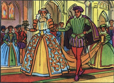 Marie Iere Stuart (1542-1587) és II. Francois (1544-1560) házassága 1558-ban. Névtelen illusztráció a „Franciaország uralkodóinak és államfőinek gyűjteményében”. 20. század. Magángyűjtemény. alkotó: Anonymous Anonymous