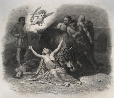 Lyoni Szent Blandine és Ponticus vértanúhalála az arénában 177-ben, az első keresztények üldözése során. Metszet 1846-ból a „Szentek élete” c. Magángyűjtemény. alkotó: Anonymous Anonymous