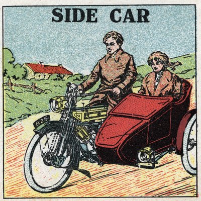 Mechanikus vonóerő: motorkerékpár oldalkocsi. 1925 névtelen illusztrációja. Magángyűjtemény. alkotó: Anonymous Anonymous