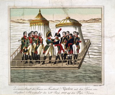I. Sándor orosz császár és I. francia Napóleon találkozója a Tilsit melletti Nemannál - Anonymous - 1807 - Rézkarc, akvarell - 29,7x39,7 - Magángyűjtemény alkotó: Anonymous Anonymous