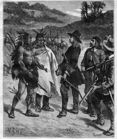 Robert Cavelier de La Salle (1643-1687) találkozása Amerika indiánjaival a Peoria-tó mellett, az 1889-es „Journal des voyages” című metszet. alkotó: Anonymous Anonymous
