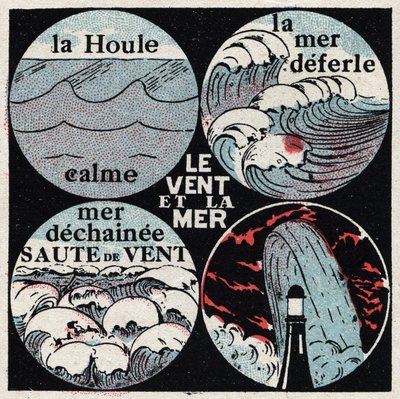 Meteorológia: a szél hatása a tengerre. A nyugodt hullámzás, a tenger deferle, tengeri dechainee, hullám. Névtelen illusztráció 1925-ből. Magángyűjtemény. alkotó: Anonymous Anonymous