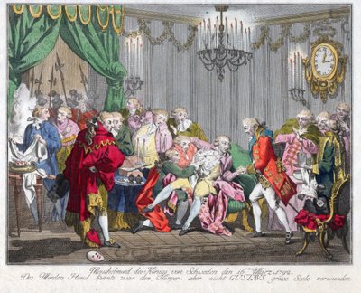Mort de Gustave III de Suede (1746-1792) - III. Gusztáv király meggyilkolása 1792. március 16-án - Névtelen - 1792 - Rézkarc, akvarell - 33,5x46,3 - Magángyűjtemény alkotó: Anonymous Anonymous