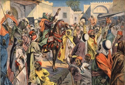 Mouley Hafid (Moulay-Hafid) kikiáltja a szultánt Feznek: a nyilvános kiáltók bejelentik a kiáltványt a tömegnek. Metszet a „Le Petite Parisien” újságból, 1908.01.26. Magángyűjtemény. alkotó: Anonymous Anonymous
