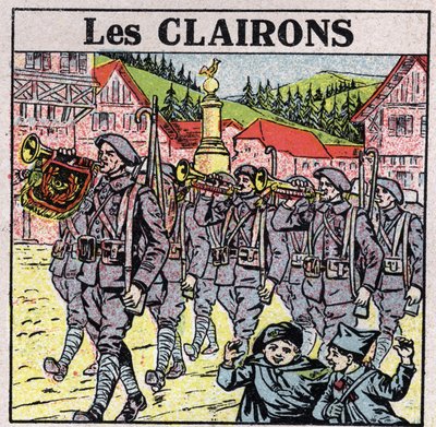 Hangszerek: tégelyszájú fúvós hangszerek. Bugle játékosok katonai futás közben. Névtelen illusztráció 1925-ből. Magángyűjtemény. alkotó: Anonymous Anonymous