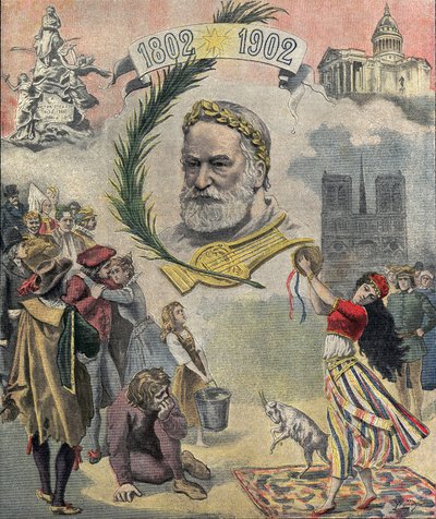 A „Le petit Journal” egyike, amely Victor Hugo (1802-1885) francia költő és író előtt tiszteleg születésének századik évfordulóján. Regényeinek szereplői képviseltetik magukat (Esmeralda, Quasimodo, Cosette). 1902. 02. 03. Magángyűjtemény alkotó: Anonymous Anonymous
