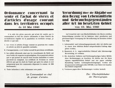 "" Rendelet élelmiszerek és közös célú áruk eladásáról és vásárlásáról a megszállt területeken" - francia-német kétnyelvű plakát alkotó: Anonymous Anonymous