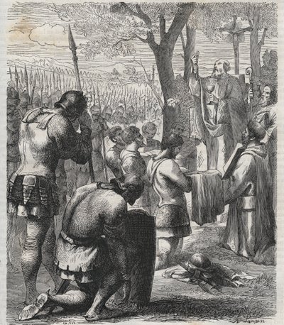 I. Ottó római császár áldozást fogadott a lechfeldi csata előtt (955) - I. Otton (Othon) német császár (912-973) a 955-ös lechfeldi csata előtt részesült áldozásban - 1864-es metszet alkotó: Anonymous Anonymous