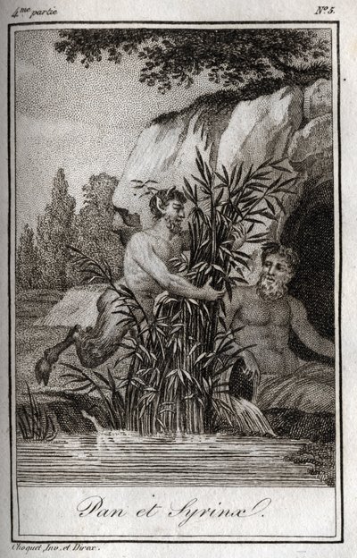 Pan és a Syrinx nimfa náddá változott (Pan és Nymph Syrinx). Metszet 1819-ből Charles Albert Demoustier (1760-1801) „Lettres a Emilie sur la mythologie” című művében. Magángyűjtemény. alkotó: Anonymous Anonymous