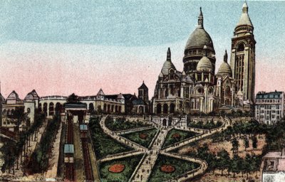 Párizs: sikló és a Sacre Coeur-bazilika (Sacre-Coeur) a Butte Montmartre-on. Fénykép 1920-ból Párizs városának „”művészeti albumában”. Magángyűjtemény. alkotó: Anonymous Anonymous