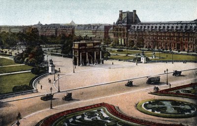 Párizs: panoráma a Tuileriákra (kert és palota) és az Arc de Triomphe du Carrousel. Fénykép 1920-ból Párizs városának „”művészeti albumában”. Magángyűjtemény. alkotó: Anonymous Anonymous