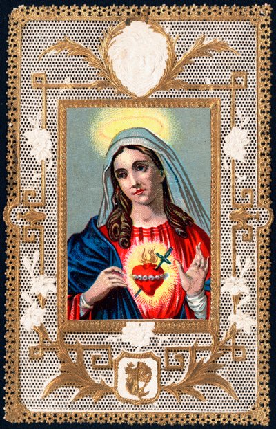 Jámbor kép: „” Fájdalom Szűz””” Mater dolorosa. Dentelee kártya. Kromolitográfia a XX. század eleje Magángyűjtemény alkotó: Anonymous Anonymous