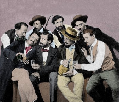 Portré művészcsoport (Macchiaioli) Firenzében: köztük balról jobbra fent Gaetano Bianchi, Cristiano Banti, Vito d