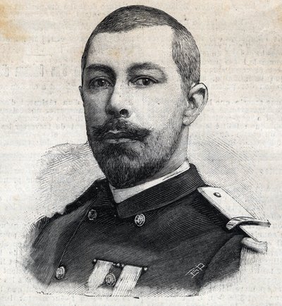Antoine Mizon (1853-1899) francia felfedező Afrikában portréja. Metszet a „Le Peute Parisien”-ben alkotó: Anonymous Anonymous