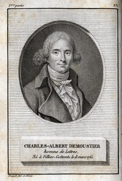 Charles Albert Demoustier (1760-1801) francia író portréja. Metszet 1819-ből Charles Albert Demoustier (1760-1801) „Lettres a Emilie sur la mythologie” című művében. Magángyűjtemény. alkotó: Anonymous Anonymous