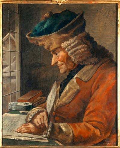 Francois Marie Arouet Voltaire (1694-1778) portréja munkaszekrényében XVIII. századi festészet. Homályos. 0,43 x 0,35 m Párizs, Carnavalet múzeum - Francois Marie Arouet Voltaire (1694-1778) portréja a dolgozószobájában. 18. központ festménye. 0,43 x 0,35  alkotó: Anonymous Anonymous
