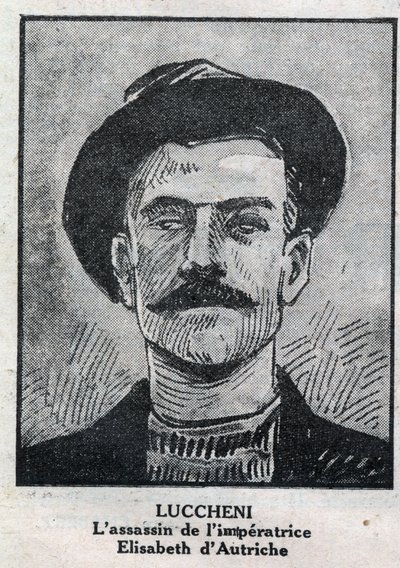 Luigi Lucheni (1873-1910), olasz anarchista, Elisabeth de Wittelsbach, Sissi néven ismert osztrák császárnő 1898-as orgyilkos portréja. Metszet a „L