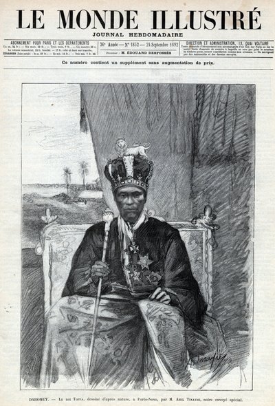 I. Tofa (Toffa) (körülbelül 1850-1908), Dahomey (Benin) királyának portréja Porto Novo-ba (Porto-Novo). Egy újság. Metszet az 1892-es „Le monde illustree”-ben. Magángyűjtemény. alkotó: Anonymous Anonymous