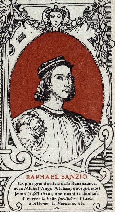 Rafael olasz reneszánsz festő (Raffaello Sanzio 1483-1520) portréja. Metszet 1914-ből. Magángyűjtemény. alkotó: Anonymous Anonymous
