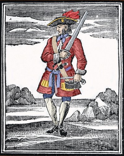 A kalóz, Jack Rackham portréja szerint a Vörös vagy John Rackham, ismertebb nevén Calico Jack (? 1720). Metszés. alkotó: Anonymous Anonymous